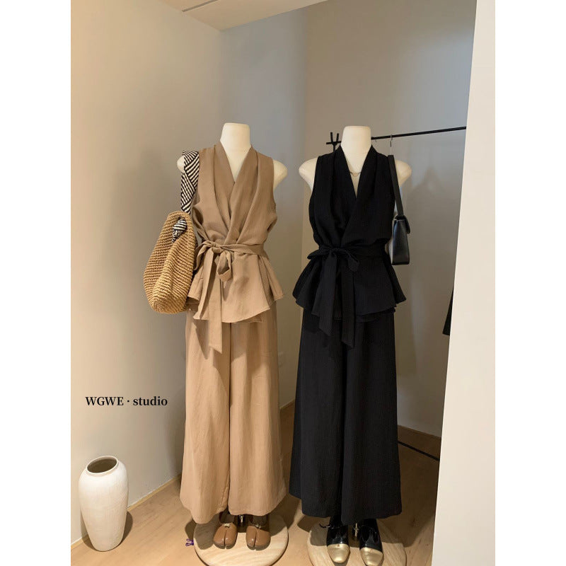 Summer Fashion New Sleeveless Waist-tight Design Lace-up Shirt High Waist Wide Leg Pants Suit