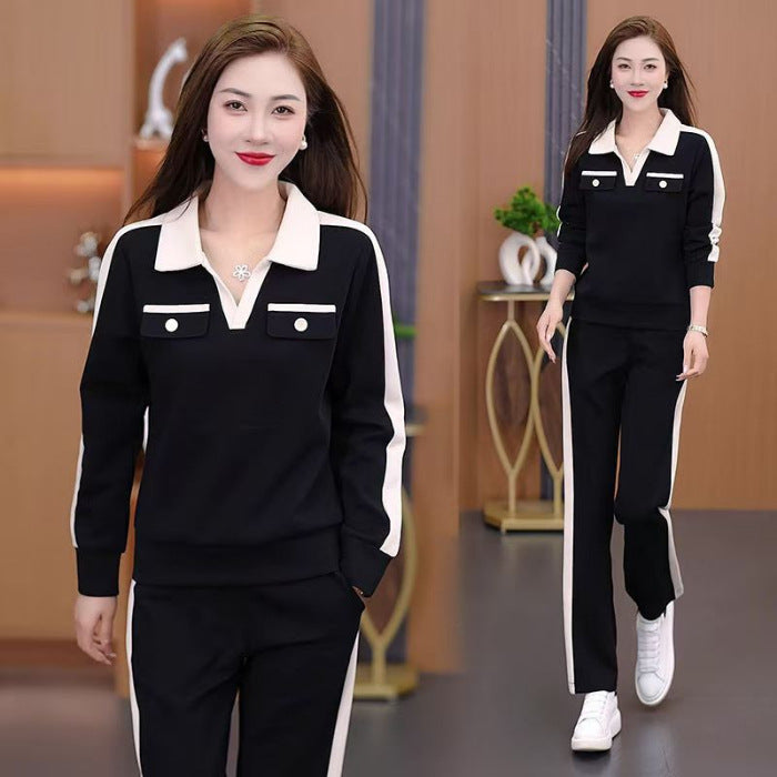 Casual Suit Women's Fashionable Stylish V-neck Slimming Long-sleeved Wide-leg Pants