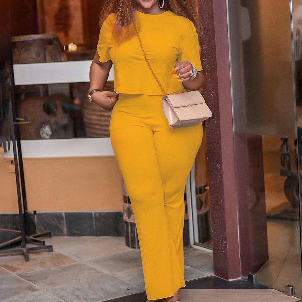 Short Sleeve Sunken Stripe Solid Color Casual Suit