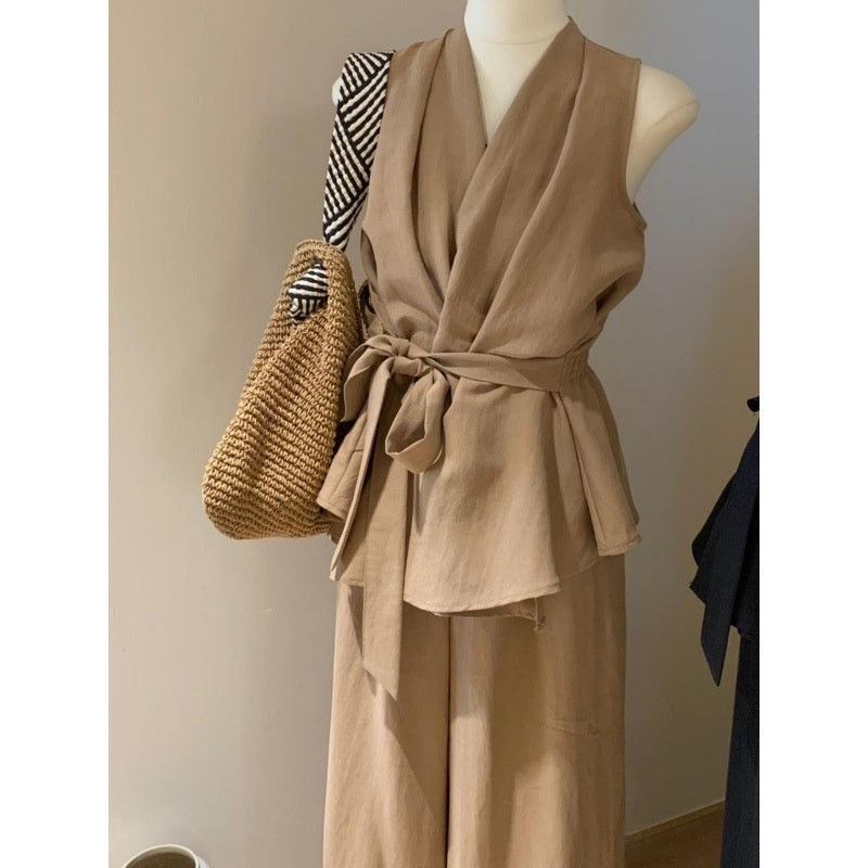 Summer Fashion New Sleeveless Waist-tight Design Lace-up Shirt High Waist Wide Leg Pants Suit