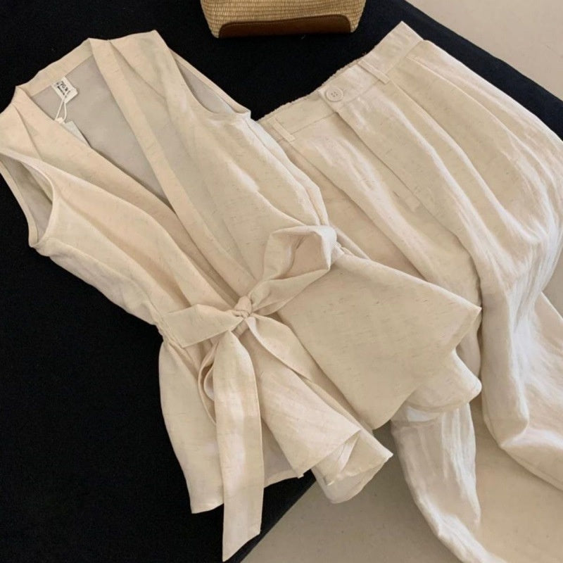 Summer Fashion New Sleeveless Waist-tight Design Lace-up Shirt High Waist Wide Leg Pants Suit