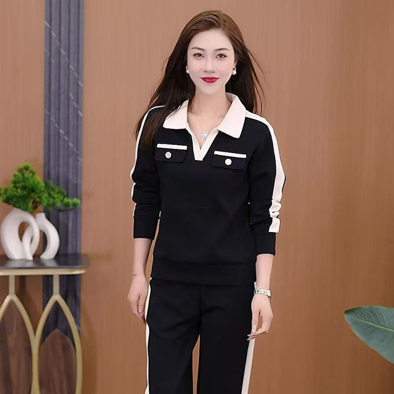 Casual Suit Women's Fashionable Stylish V-neck Slimming Long-sleeved Wide-leg Pants