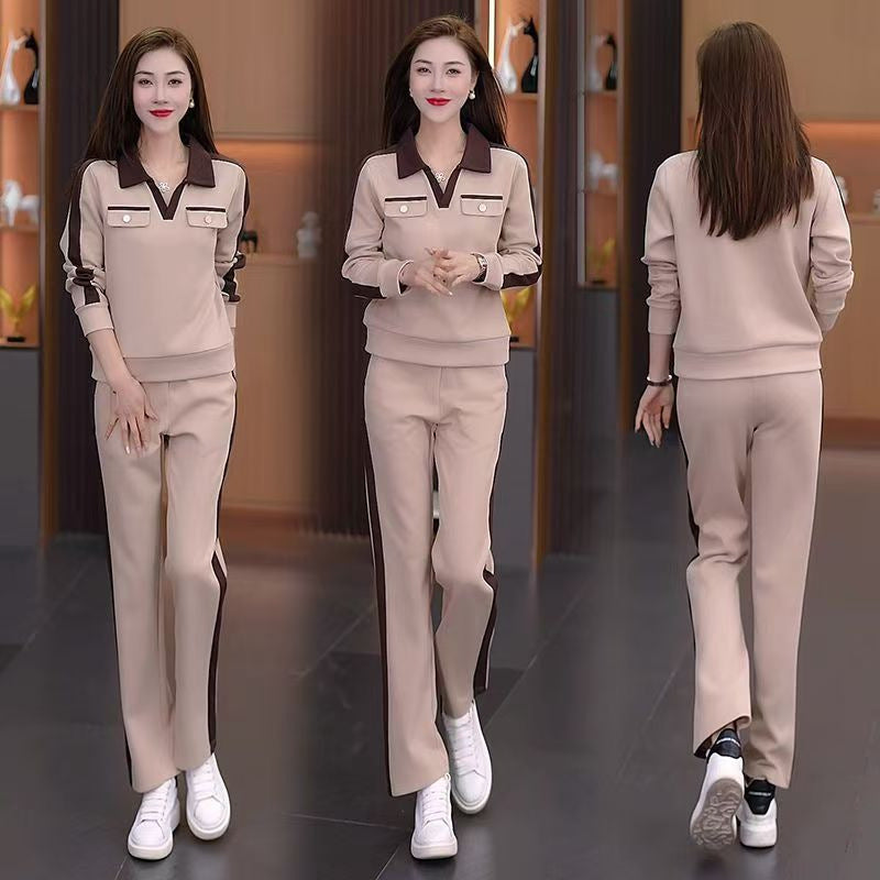 Casual Suit Women's Fashionable Stylish V-neck Slimming Long-sleeved Wide-leg Pants