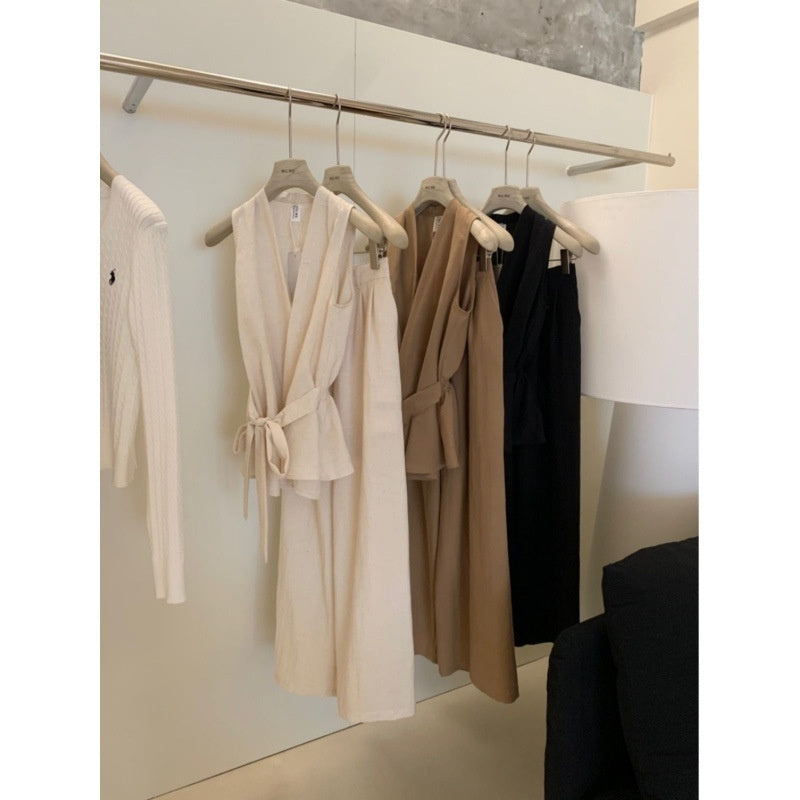 Summer Fashion New Sleeveless Waist-tight Design Lace-up Shirt High Waist Wide Leg Pants Suit